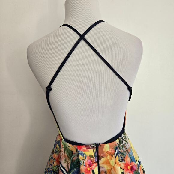 ASOS Tropical Multi Print Dress Scuba Open Back Fit Flare Tomato Girl Women 4 - Picture 7 of 14
